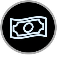 Cash icon representing money (white bill on black circular badge)