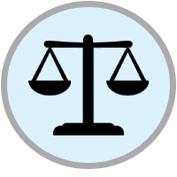 Scales of justice icon representing fairness and legal balance in a pale blue circle.